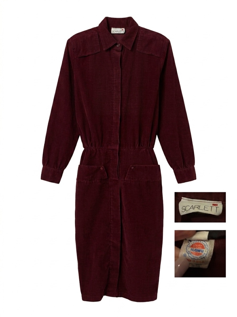 Vintage 80s Scarlett Burgundy Corduroy MidiDress ILGWU Made in USA Dark Academia